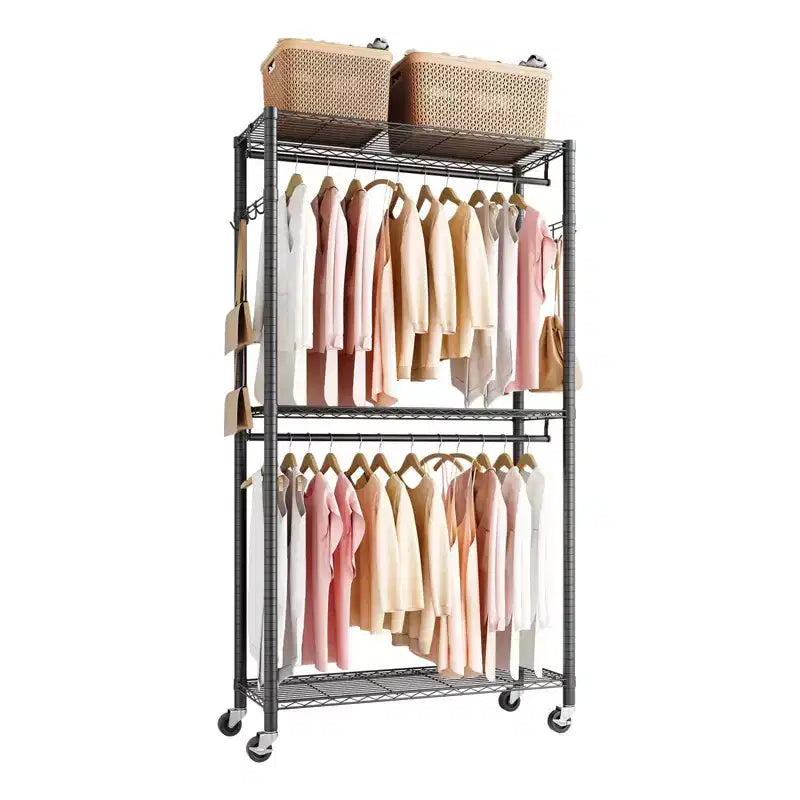 Rolling Clothes Rack, Heavy Duty Clothing Garment Rack, 3 Adjustable Tiers Clothing Racks with Carbon Steel