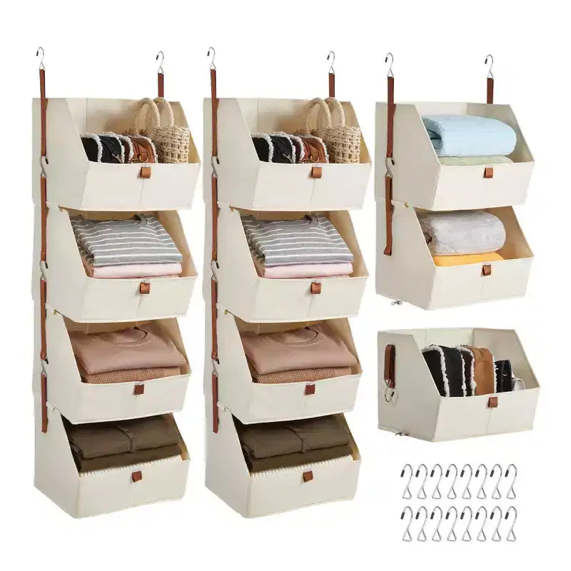 Non-Woven Hanging Closet Organizer 4 Tier 2 Pack with Collapsible Baskets Space-Saving Storage Shelves for Bedroom Dorm RV Beige Grey