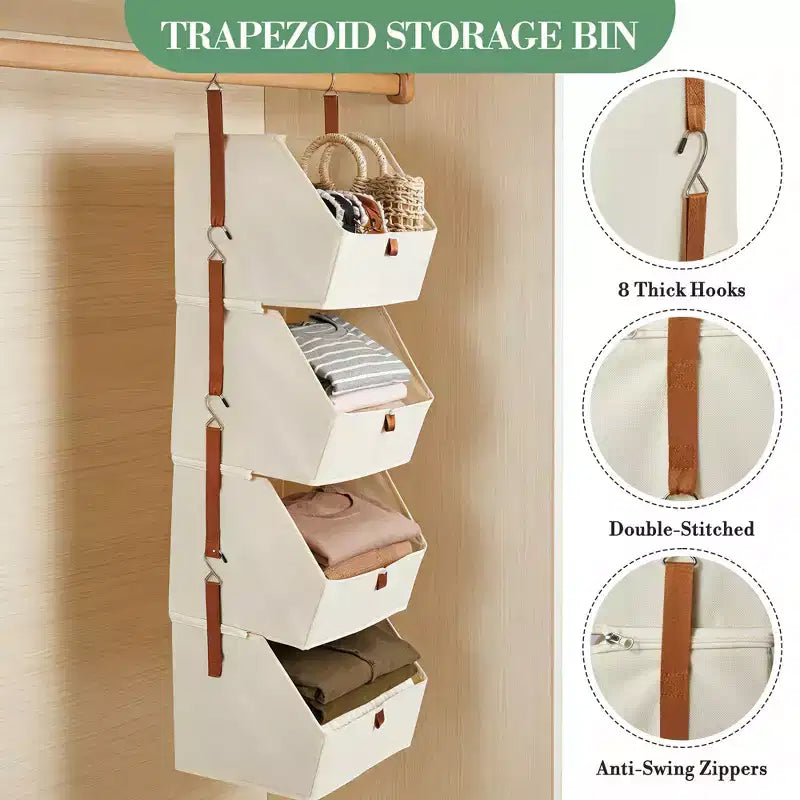Organisateur de placard suspendu non tissé 4 niveaux, lot de 2, avec paniers pliables, étagères de rangement peu encombrantes pour chambre, dortoir, camping-car, beige gris