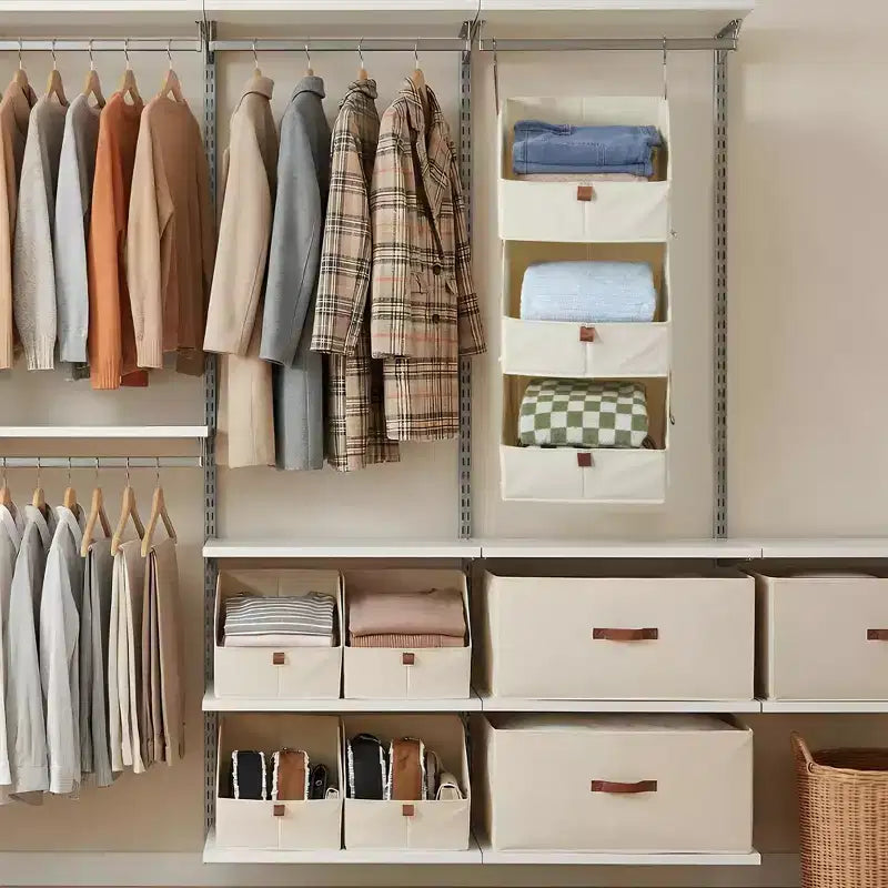 Organisateur de placard suspendu non tissé 4 niveaux, lot de 2, avec paniers pliables, étagères de rangement peu encombrantes pour chambre, dortoir, camping-car, beige gris