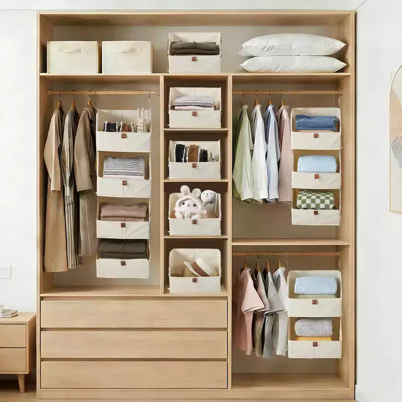 Organisateur de placard suspendu non tissé 4 niveaux, lot de 2, avec paniers pliables, étagères de rangement peu encombrantes pour chambre, dortoir, camping-car, beige gris