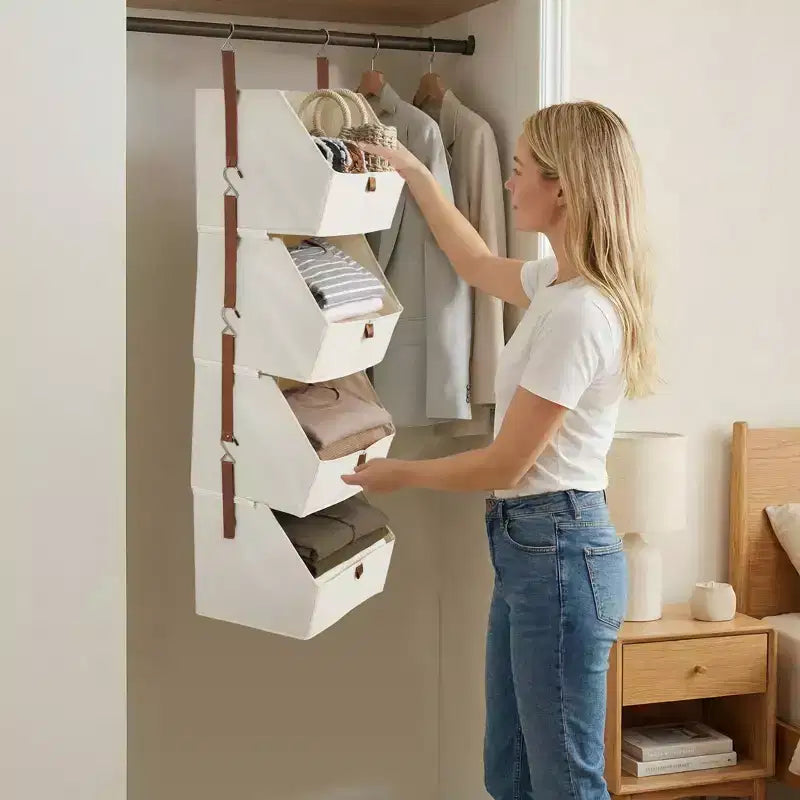 Organisateur de placard suspendu non tissé 4 niveaux, lot de 2, avec paniers pliables, étagères de rangement peu encombrantes pour chambre, dortoir, camping-car, beige gris