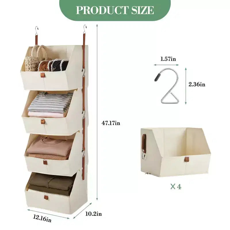 Organisateur de placard suspendu non tissé 4 niveaux, lot de 2, avec paniers pliables, étagères de rangement peu encombrantes pour chambre, dortoir, camping-car, beige gris