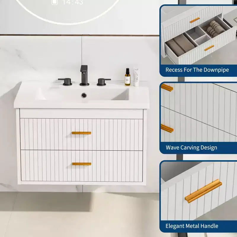 Meuble-lavabo suspendu 24/30 pouces avec évier intégré, meuble mural 2 tiroirs pour rangement de salle de bain