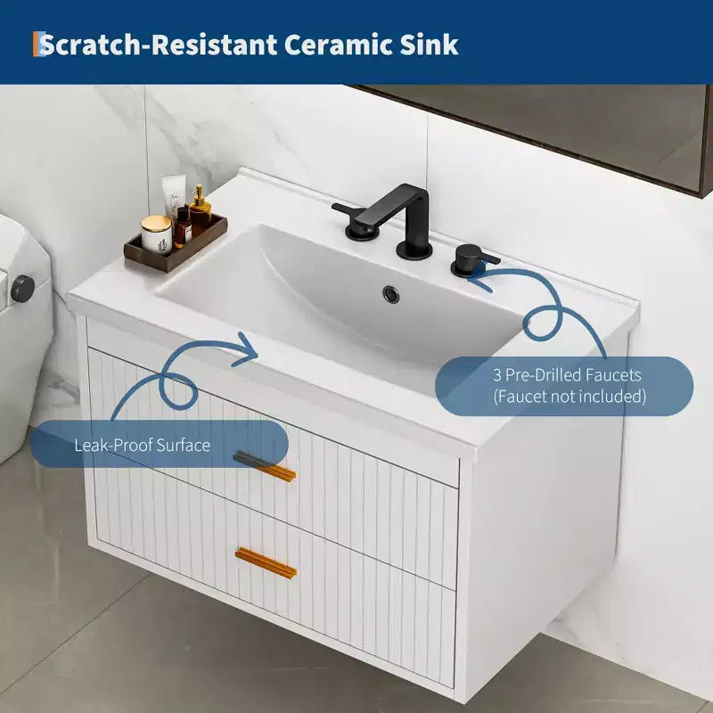 Meuble-lavabo suspendu 24/30 pouces avec évier intégré, meuble mural 2 tiroirs pour rangement de salle de bain