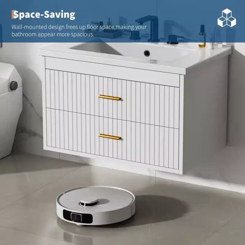 Meuble-lavabo suspendu 24/30 pouces avec évier intégré, meuble mural 2 tiroirs pour rangement de salle de bain
