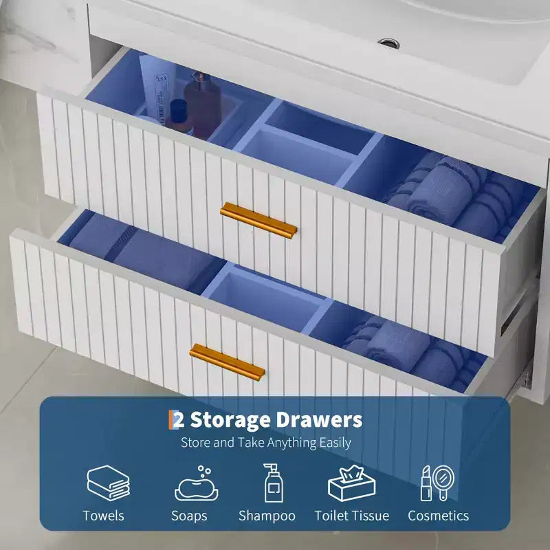 Meuble-lavabo suspendu 24/30 pouces avec évier intégré, meuble mural 2 tiroirs pour rangement de salle de bain