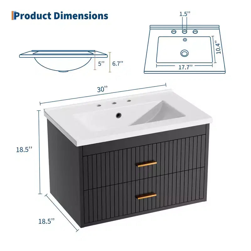 Meuble-lavabo suspendu 24/30 pouces avec évier intégré, meuble mural 2 tiroirs pour rangement de salle de bain