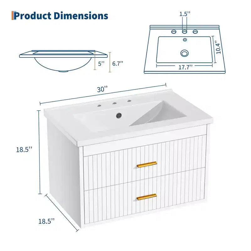 Meuble-lavabo suspendu 24/30 pouces avec évier intégré, meuble mural 2 tiroirs pour rangement de salle de bain