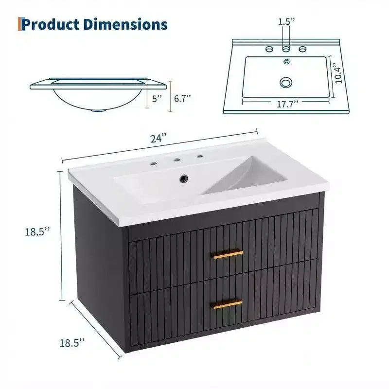 Meuble-lavabo suspendu 24/30 pouces avec évier intégré, meuble mural 2 tiroirs pour rangement de salle de bain