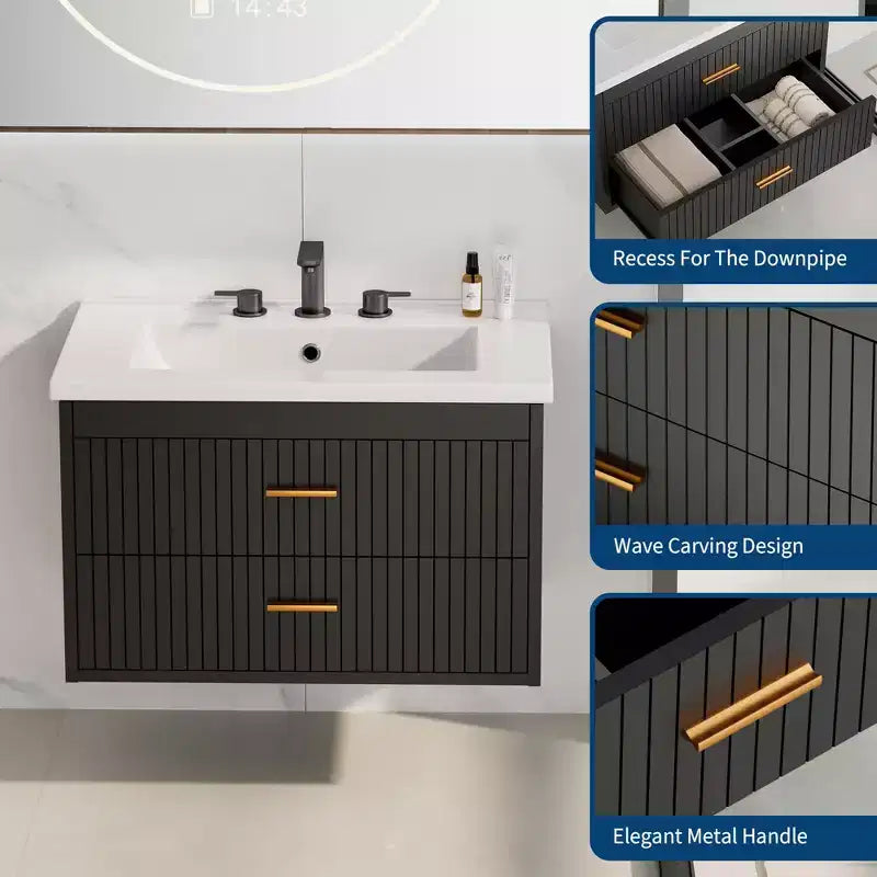 Meuble-lavabo suspendu 24/30 pouces avec évier intégré, meuble mural 2 tiroirs pour rangement de salle de bain