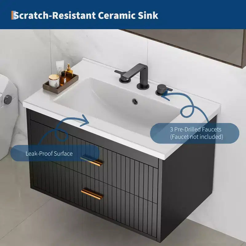 Meuble-lavabo suspendu 24/30 pouces avec évier intégré, meuble mural 2 tiroirs pour rangement de salle de bain