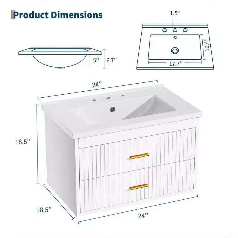 Meuble-lavabo suspendu 24/30 pouces avec évier intégré, meuble mural 2 tiroirs pour rangement de salle de bain