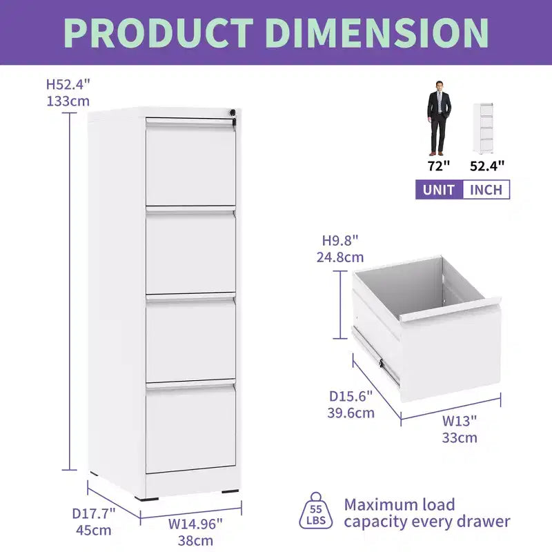 Classeur vertical métallique à 4 tiroirs avec serrure pour bureau et maison en acier