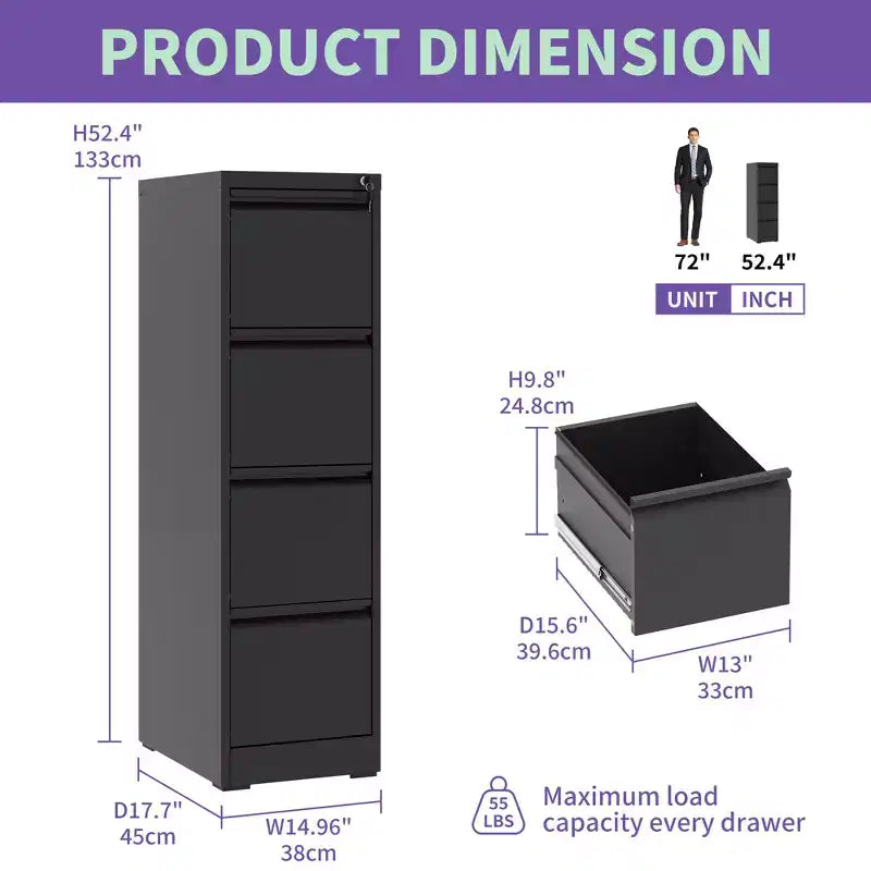 Classeur vertical métallique à 4 tiroirs avec serrure pour bureau et maison en acier