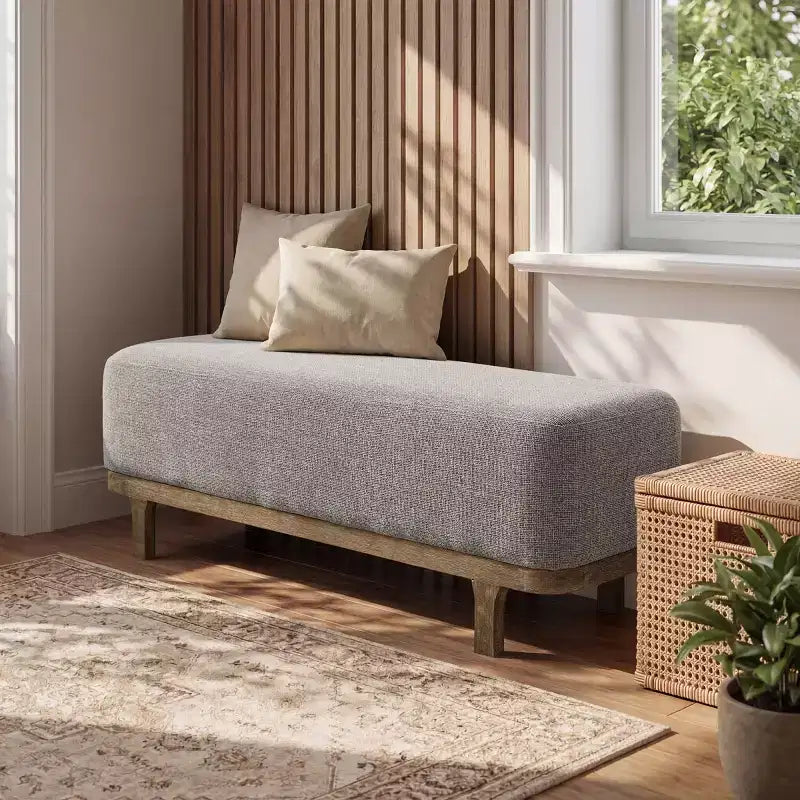 Banc de bout de lit, Banc moderne rembourré en tissu, Banc d'entrée ottoman avec pieds en bois d'hévéa pour Chambre Salon Couloir