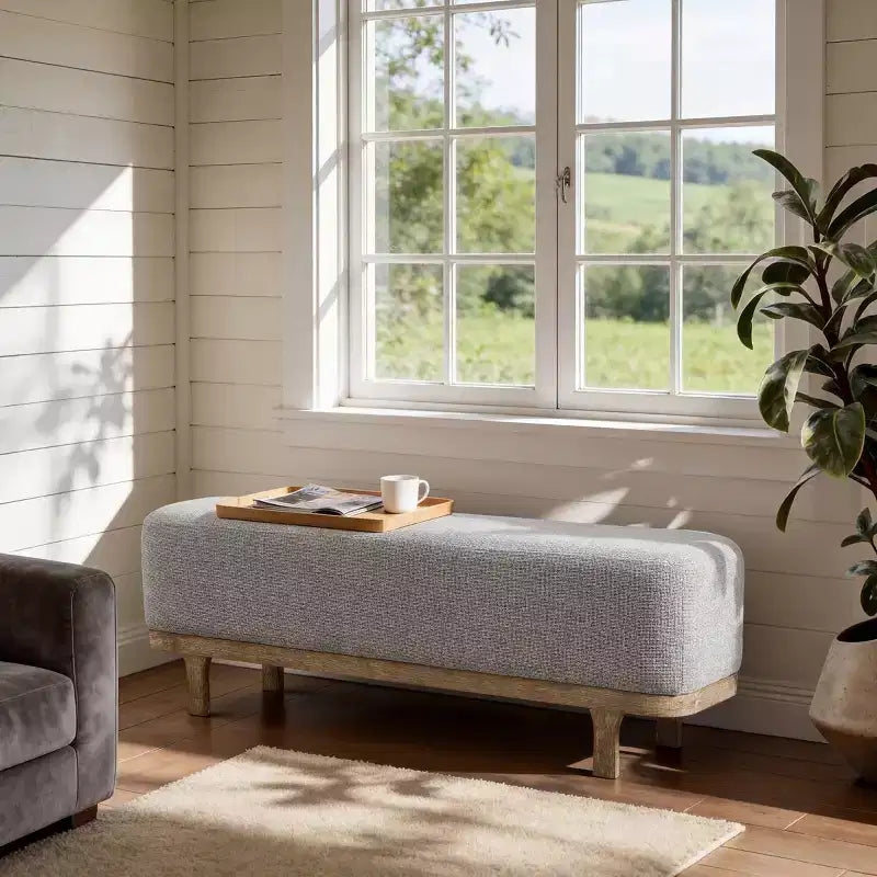 Banc de bout de lit, Banc moderne rembourré en tissu, Banc d'entrée ottoman avec pieds en bois d'hévéa pour Chambre Salon Couloir