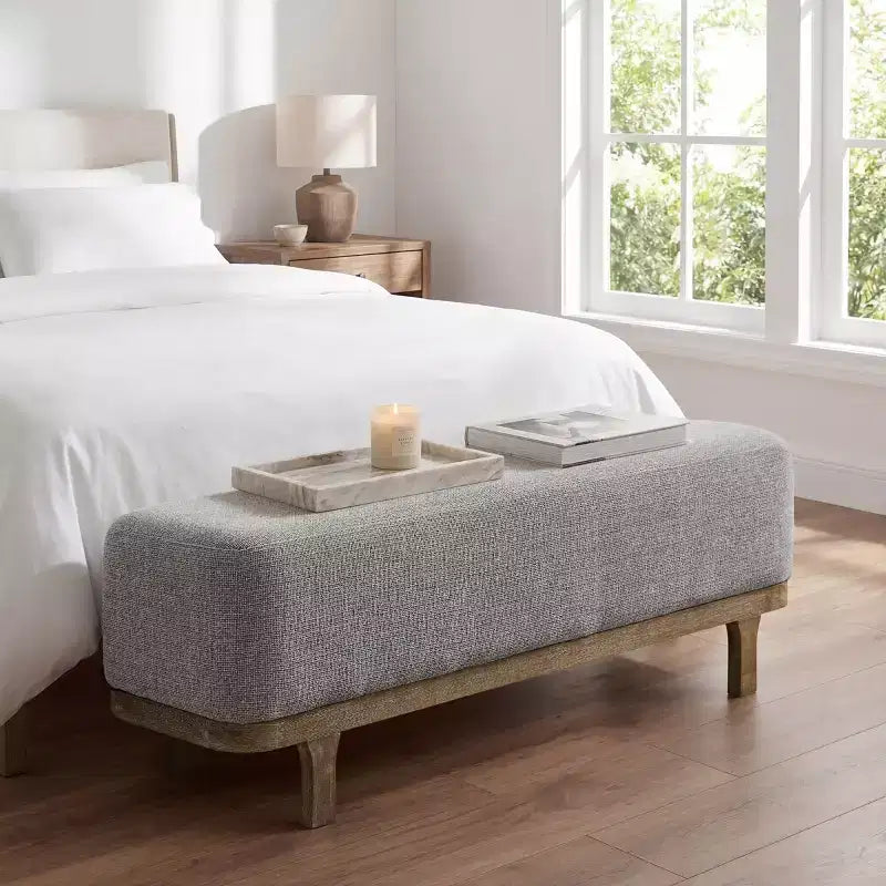 Banc de bout de lit, Banc moderne rembourré en tissu, Banc d'entrée ottoman avec pieds en bois d'hévéa pour Chambre Salon Couloir