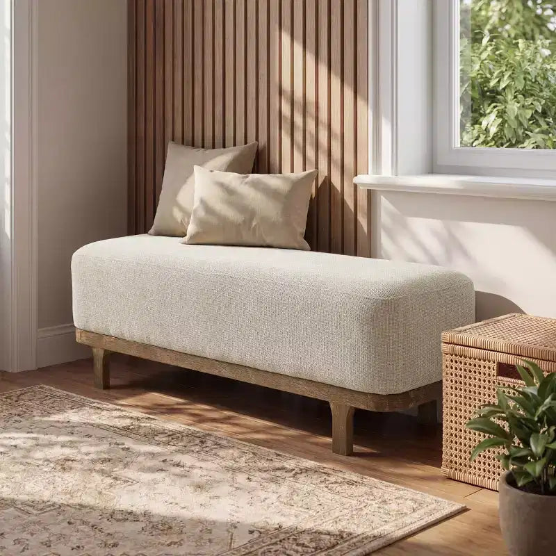 Banc de bout de lit, Banc moderne rembourré en tissu, Banc d'entrée ottoman avec pieds en bois d'hévéa pour Chambre Salon Couloir