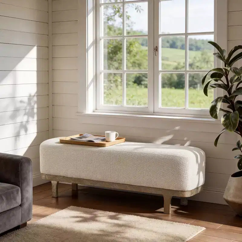 Banc de bout de lit, Banc moderne rembourré en tissu, Banc d'entrée ottoman avec pieds en bois d'hévéa pour Chambre Salon Couloir