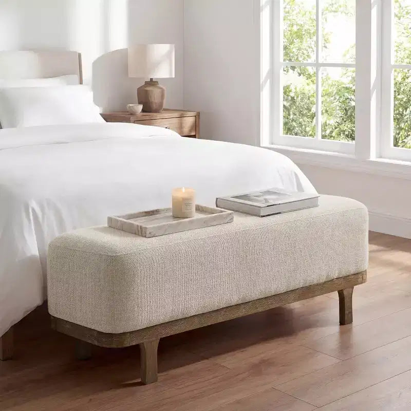 Banc de bout de lit, Banc moderne rembourré en tissu, Banc d'entrée ottoman avec pieds en bois d'hévéa pour Chambre Salon Couloir