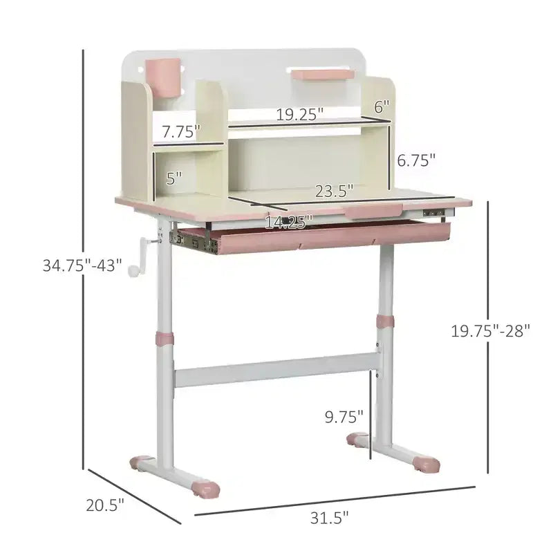 Bureau d'étude pour enfants réglable en hauteur avec plateau inclinable, tiroir et étagère rose