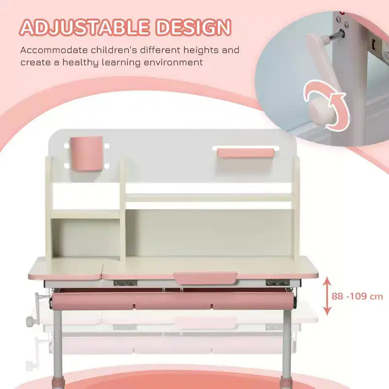 Bureau d'étude pour enfants réglable en hauteur avec plateau inclinable, tiroir et étagère rose