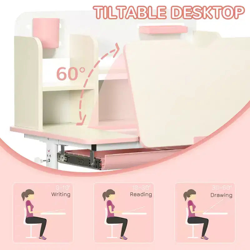 Bureau d'étude pour enfants réglable en hauteur avec plateau inclinable, tiroir et étagère rose