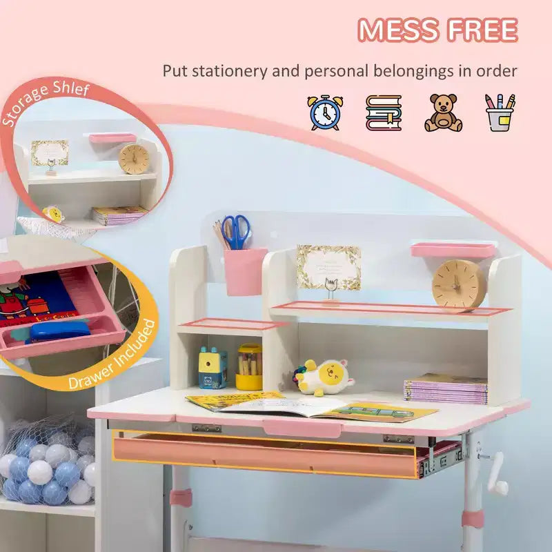 Bureau d'étude pour enfants réglable en hauteur avec plateau inclinable, tiroir et étagère rose