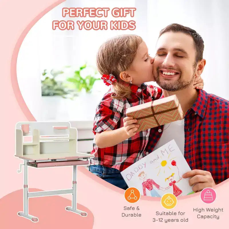 Bureau d'étude pour enfants réglable en hauteur avec plateau inclinable, tiroir et étagère rose