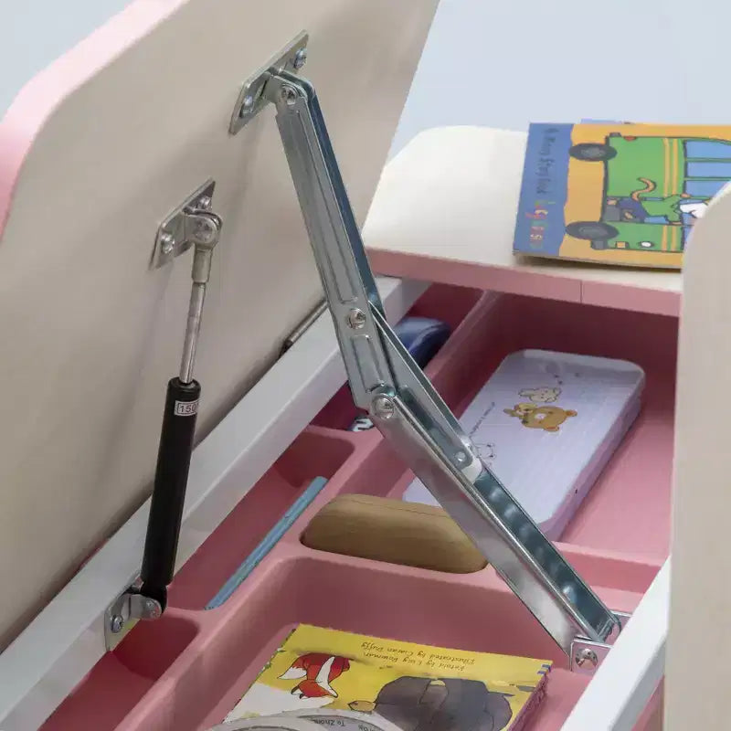 Bureau d'étude pour enfants réglable en hauteur avec plateau inclinable, tiroir et étagère rose