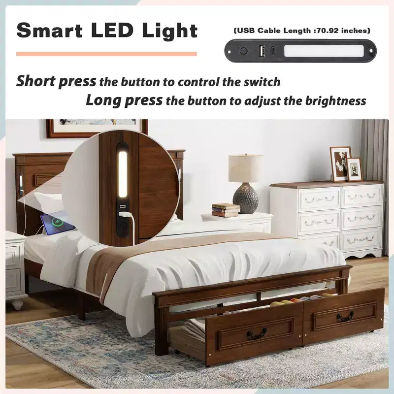 Lit plateforme avec tête de lit haute, cadre de lit rustique en bois avec 2 tiroirs, lumières LED et ports USB