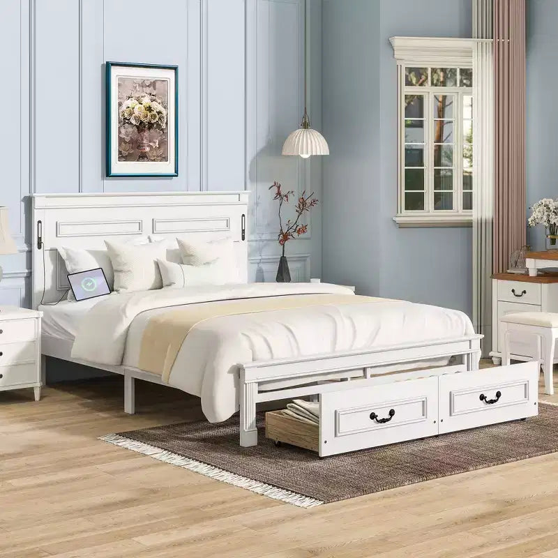 Lit plateforme avec tête de lit haute, cadre de lit rustique en bois avec 2 tiroirs, lumières LED et ports USB