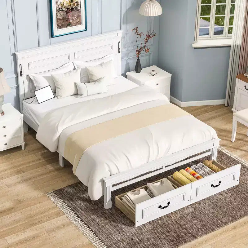 Lit plateforme avec tête de lit haute, cadre de lit rustique en bois avec 2 tiroirs, lumières LED et ports USB