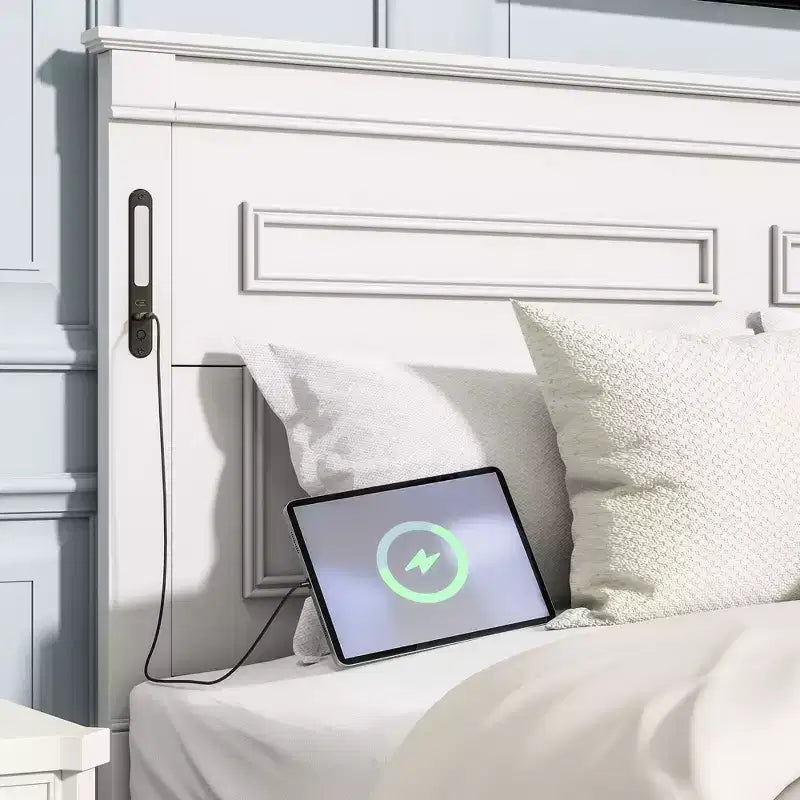 Lit plateforme avec tête de lit haute, cadre de lit rustique en bois avec 2 tiroirs, lumières LED et ports USB