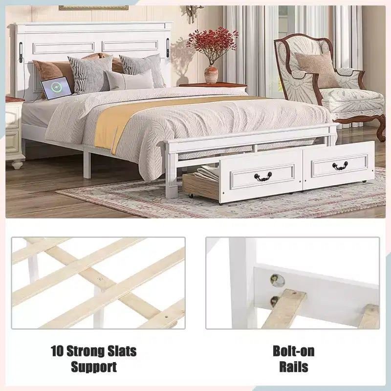 Lit plateforme avec tête de lit haute, cadre de lit rustique en bois avec 2 tiroirs, lumières LED et ports USB