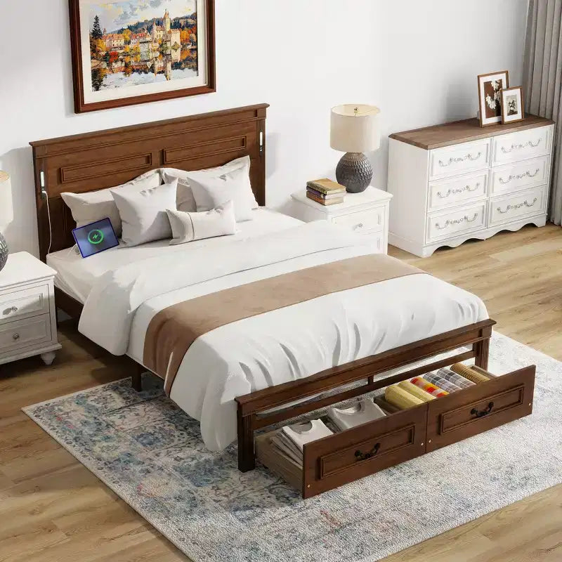 Lit plateforme avec tête de lit haute, cadre de lit rustique en bois avec 2 tiroirs, lumières LED et ports USB