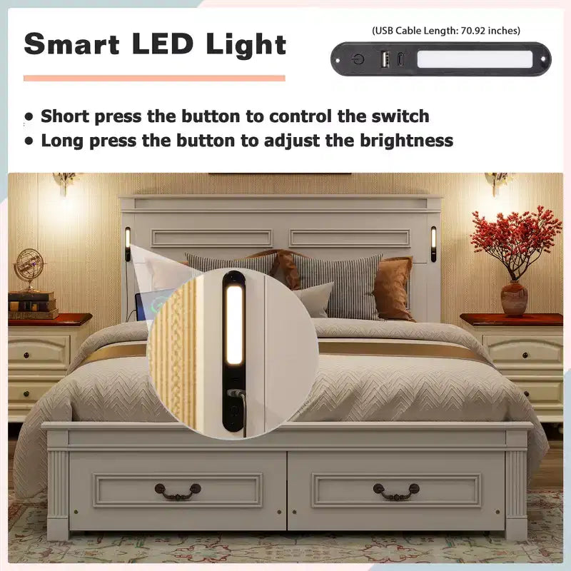Lit plateforme avec tête de lit haute, cadre de lit rustique en bois avec 2 tiroirs, lumières LED et ports USB