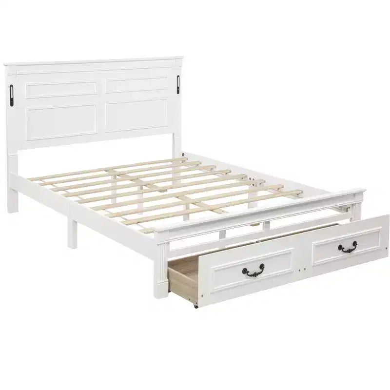 Lit plateforme avec tête de lit haute, cadre de lit rustique en bois avec 2 tiroirs, lumières LED et ports USB