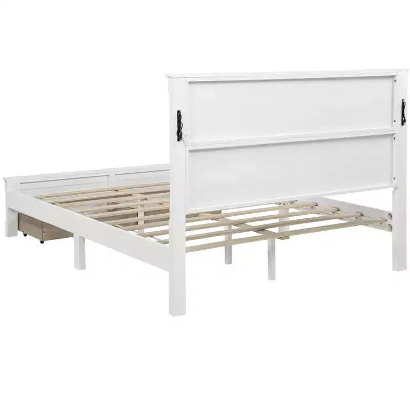 Lit plateforme avec tête de lit haute, cadre de lit rustique en bois avec 2 tiroirs, lumières LED et ports USB