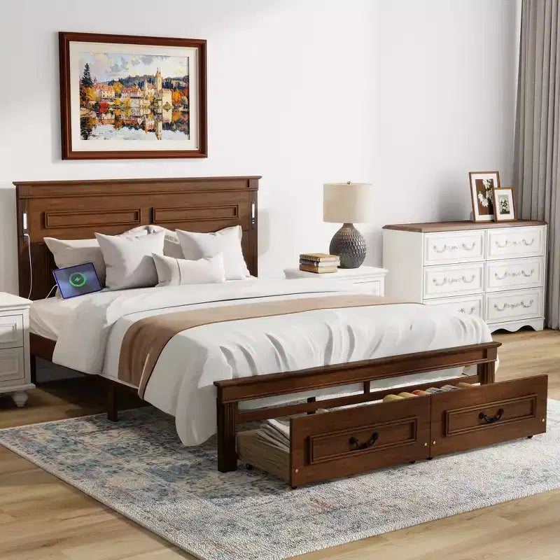 Lit plateforme avec tête de lit haute, cadre de lit rustique en bois avec 2 tiroirs, lumières LED et ports USB