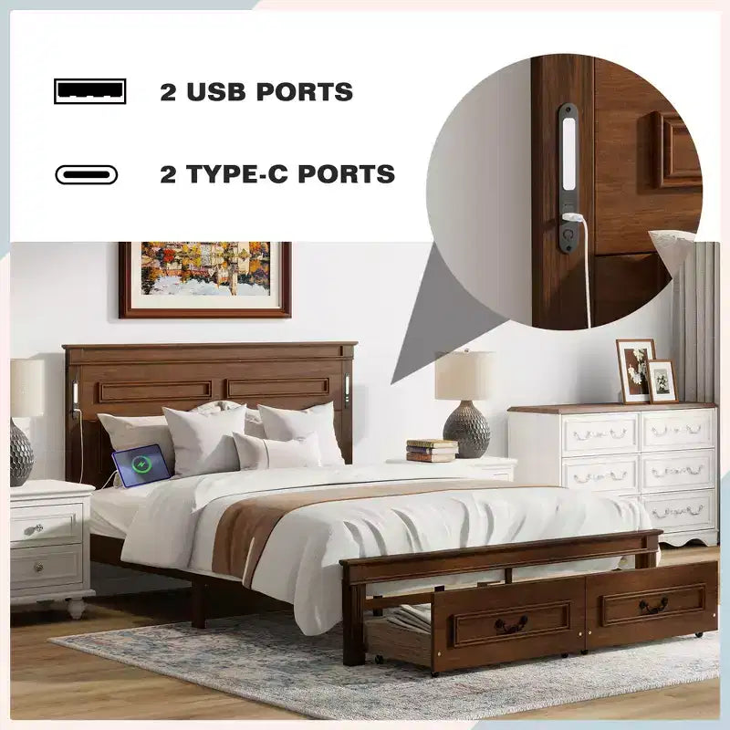 Lit plateforme avec tête de lit haute, cadre de lit rustique en bois avec 2 tiroirs, lumières LED et ports USB