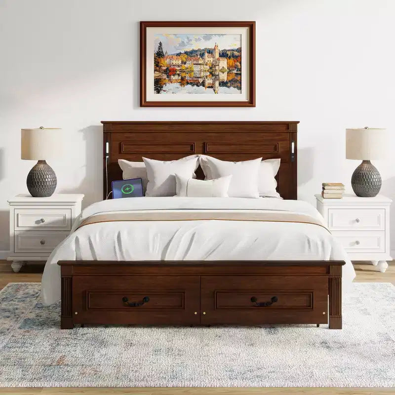 ModernLuxe Queen/King Size Platform Bed with Tall Headboard, Rustic Wood Bed Frame with 2 Drawers, LED Lights & USB Ports