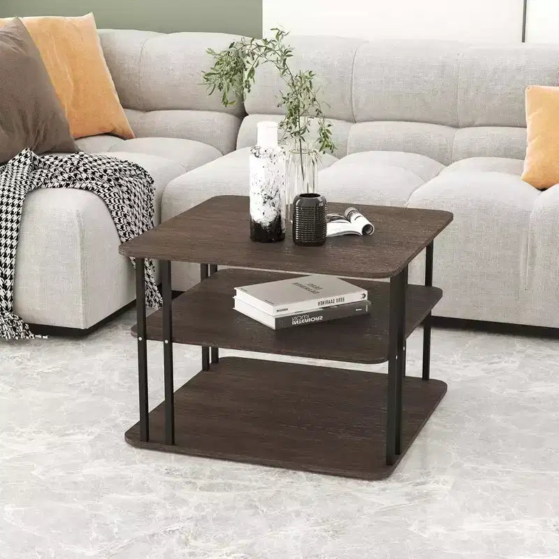 Table basse carrée à 3 niveaux avec rangement, pour salon moderne, chêne foncé/noir