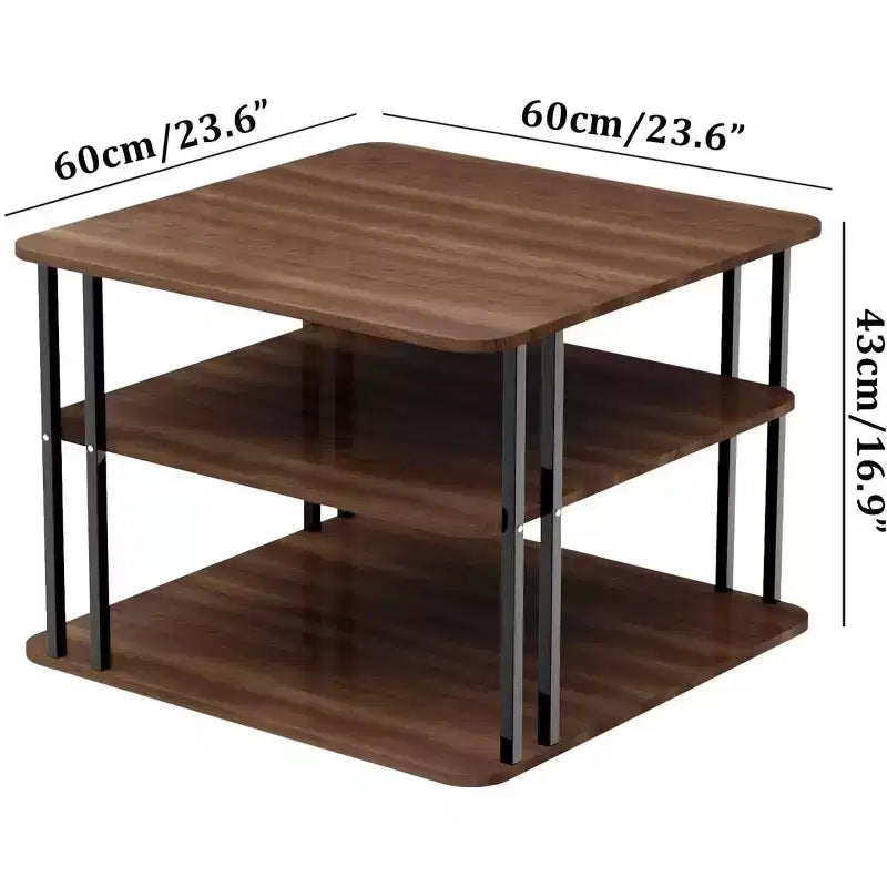 Table basse carrée à 3 niveaux avec rangement, pour salon moderne, chêne foncé/noir