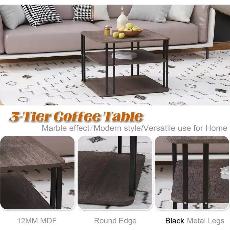Table basse carrée à 3 niveaux avec rangement, pour salon moderne, chêne foncé/noir