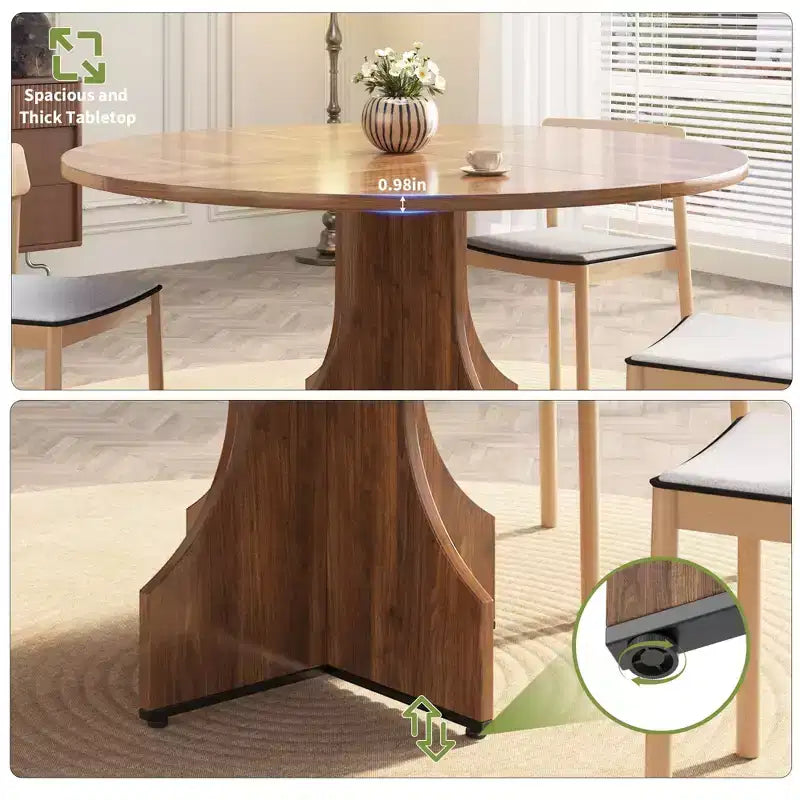 Table à manger ronde de 47" pour 4 à 6 personnes, style rustique ferme, piédestal en bois, assemblage facile, pour petits appartements et coins-repas.