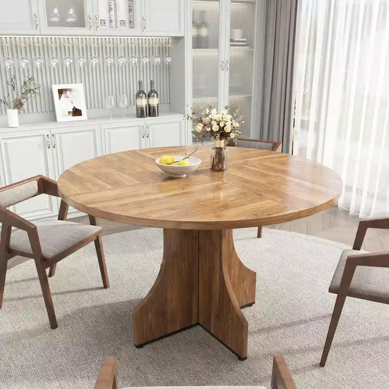 Table à manger ronde de 47" pour 4 à 6 personnes, style rustique ferme, piédestal en bois, assemblage facile, pour petits appartements et coins-repas.