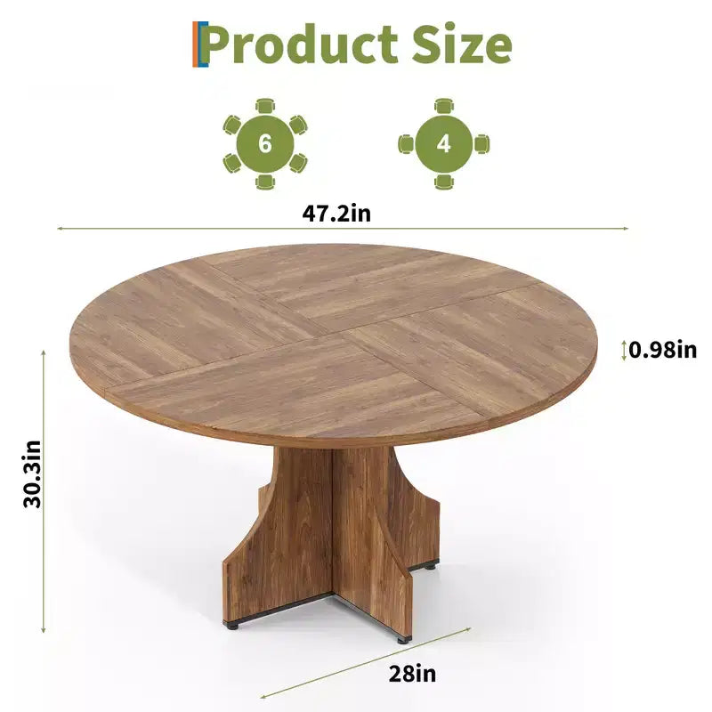 Table à manger ronde de 47" pour 4 à 6 personnes, style rustique ferme, piédestal en bois, assemblage facile, pour petits appartements et coins-repas.