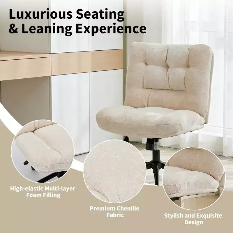 Chaise en chenille croisée avec roulettes, chaise de bureau large pour coiffeuse, chaise de bureau pivotante à 360° et réglable en hauteur pour chambre à coucher
